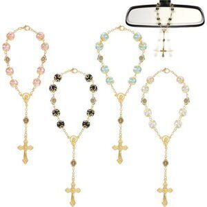 Catholic rosary beads car mirror cross pendant rearview hanging ornament set 4pc